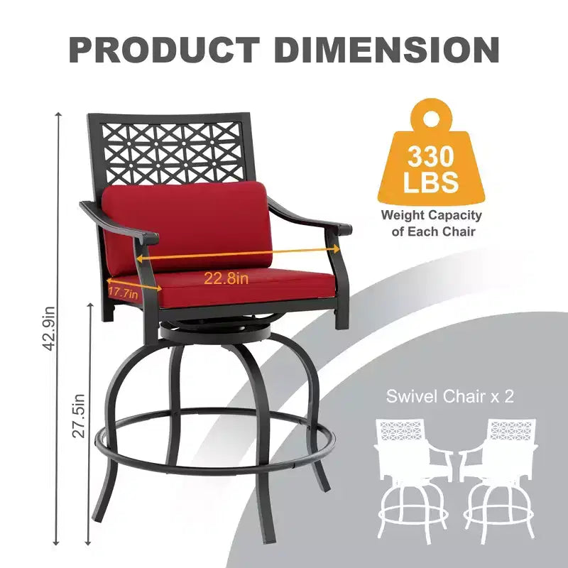 Tabourets de bar pivotants d'extérieur hauteur comptoir avec coussin rouge, lot de 2 tabourets de bar de patio avec accoudoirs et dossier, grands tabourets de bar pivotants d'extérieur pour le jardin