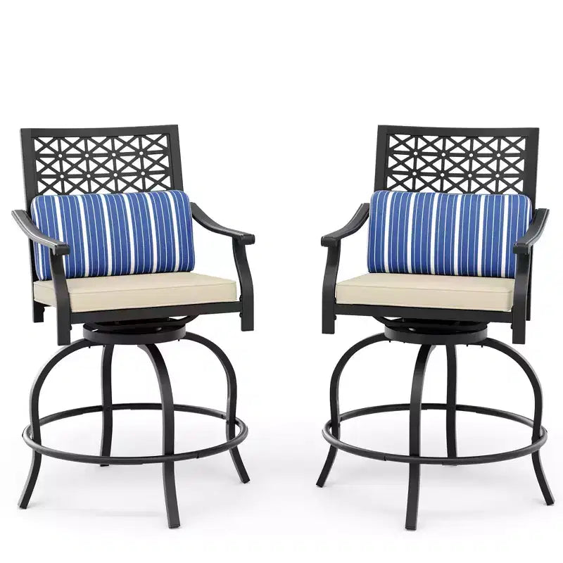Tabourets de bar pivotants d'extérieur hauteur comptoir avec coussin rouge, lot de 2 tabourets de bar de patio avec accoudoirs et dossier, grands tabourets de bar pivotants d'extérieur pour le jardin