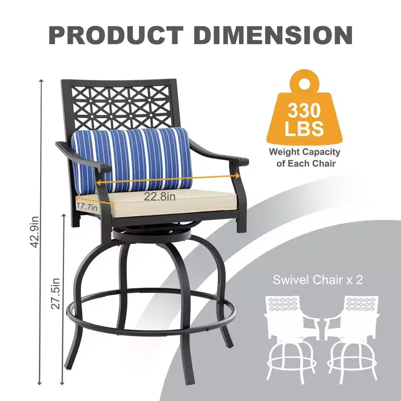Tabourets de bar pivotants d'extérieur hauteur comptoir avec coussin rouge, lot de 2 tabourets de bar de patio avec accoudoirs et dossier, grands tabourets de bar pivotants d'extérieur pour le jardin