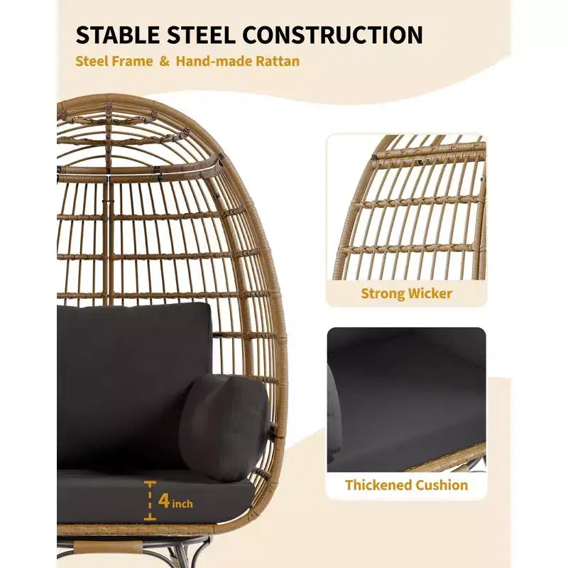 Fauteuil suspendu œuf pivotant 360° surdimensionné pour l'extérieur, chaise longue en rotin en forme d'œuf avec 4 coussins épais, chaises en rotin PE supportant jusqu'à 158 kg