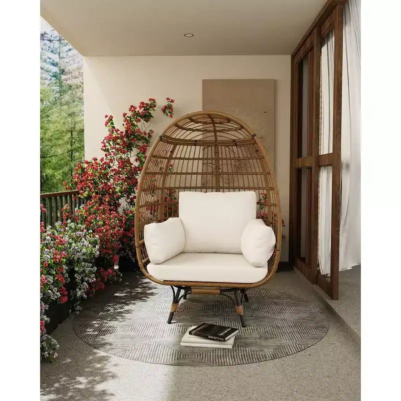 Fauteuil suspendu œuf pivotant 360° surdimensionné pour l'extérieur, chaise longue en rotin en forme d'œuf avec 4 coussins épais, chaises en rotin PE supportant jusqu'à 158 kg