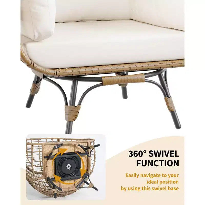 Fauteuil suspendu œuf pivotant 360° surdimensionné pour l'extérieur, chaise longue en rotin en forme d'œuf avec 4 coussins épais, chaises en rotin PE supportant jusqu'à 158 kg