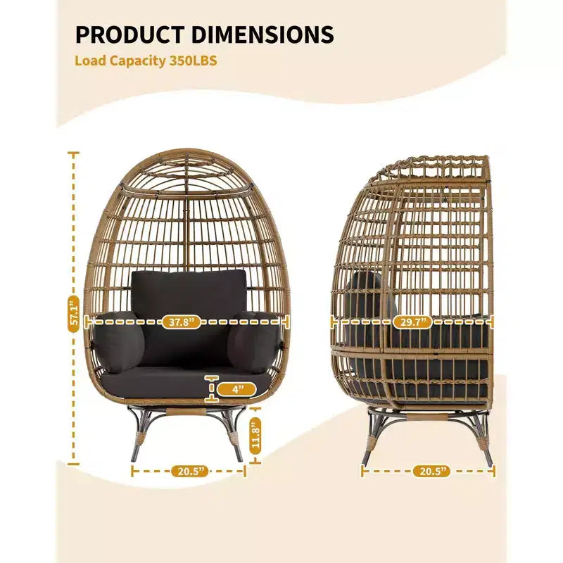 Fauteuil suspendu œuf pivotant 360° surdimensionné pour l'extérieur, chaise longue en rotin en forme d'œuf avec 4 coussins épais, chaises en rotin PE supportant jusqu'à 158 kg