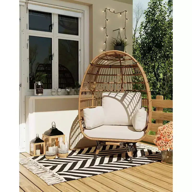 Oversized 360 Swivel Egg Chair for Outdoor, Rattan Egg-Shaped Lounger Chair with 4 Thick Cushions,350LBs Capacity PE Rattan Basket Chairs