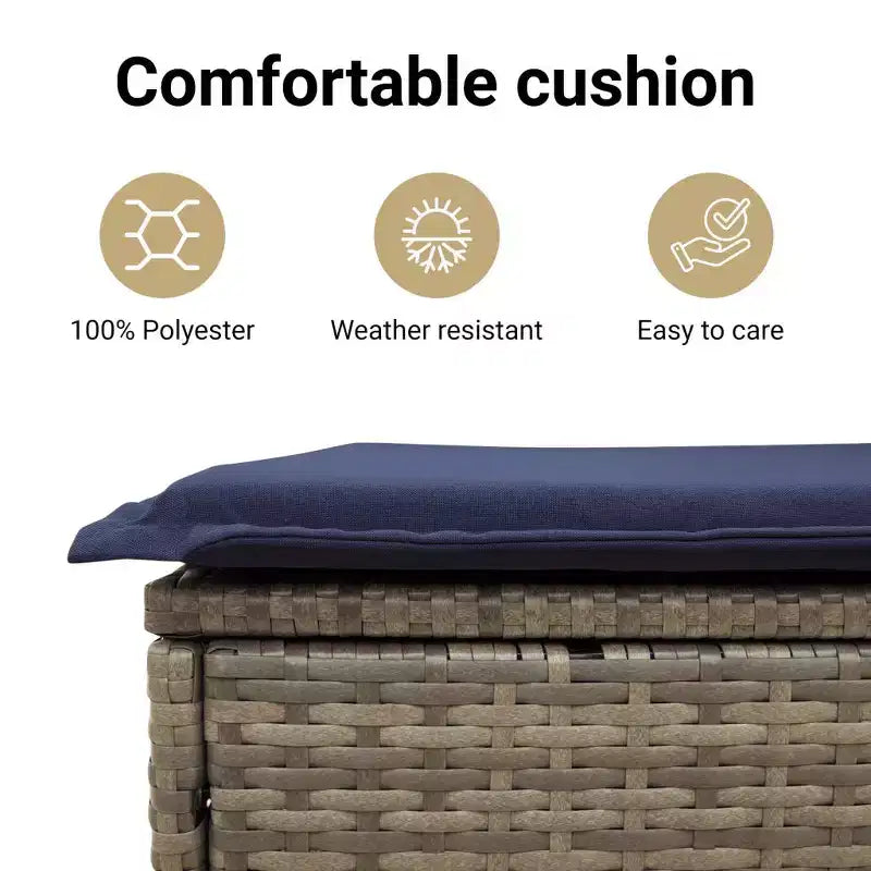 vidaXL Chaise longue de jardin inclinable - Rotin synthétique gris avec coussins bleu marine, dossier réglable pour se détendre dans le jardin/à l'extérieur/sur la terrasse, housses lavables
