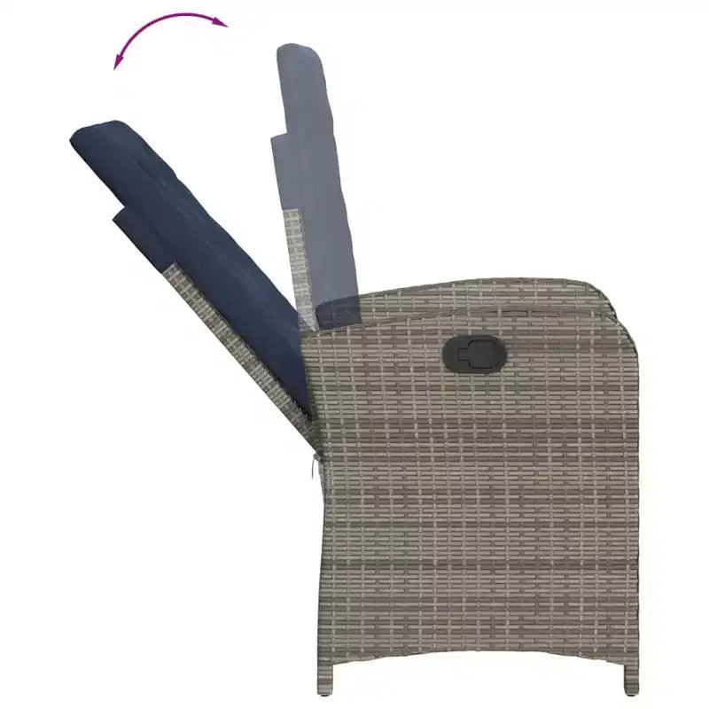vidaXL Chaise longue de jardin inclinable - Rotin synthétique gris avec coussins bleu marine, dossier réglable pour se détendre dans le jardin/à l'extérieur/sur la terrasse, housses lavables