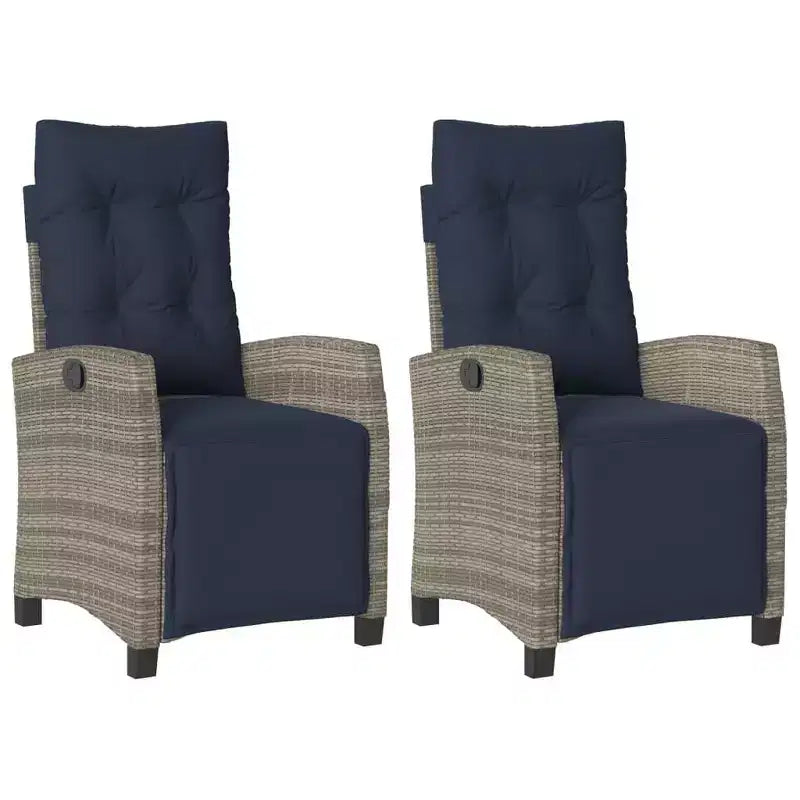 vidaXL Reclining Patio Chairs with Footrest - Set of 2, Adjustable Poly Rattan Loungers, Weather-Resistant & UV-Protected, Easy Clean, Navy Cushions