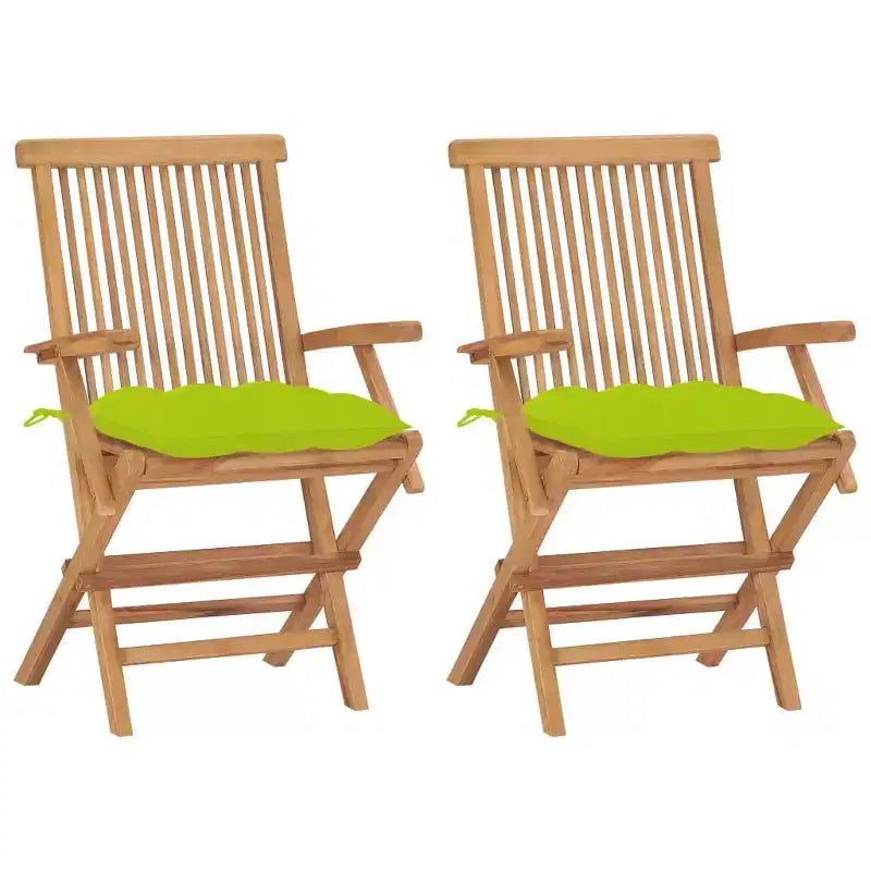 vidaXL Chaises de patio en bois de teck massif avec coussins vert vif - Solution d'assise extérieure résistante aux intempéries avec design pliable pour un rangement facile