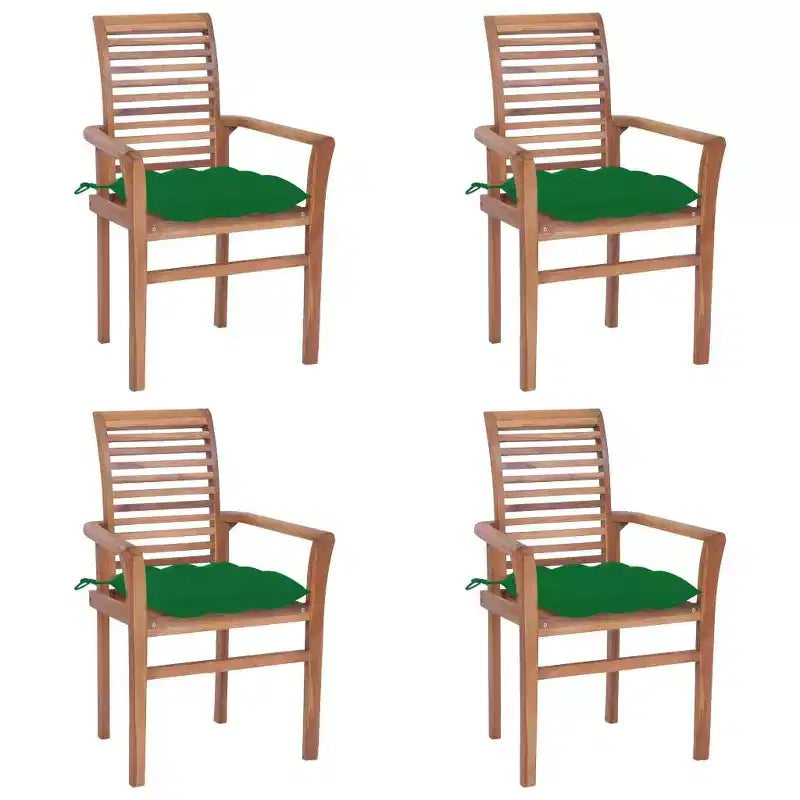 vidaXL Chaises de salle à manger de jardin 4 pcs avec coussins verts - Bois de teck massif - Meubles empilables d'extérieur/d'intérieur