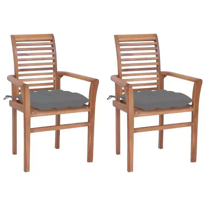 vidaXL Chaises de salle à manger de jardin 2 pcs avec coussins gris - Bois de teck massif - Design ergonomique pour jardin, terrasse, salle à manger - 24,4x22,2x37