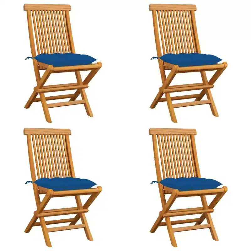 vidaXL Chaises de jardin 4 pcs – Pliantes, Bois de teck, Coussins bleus, Sièges d'extérieur confortables