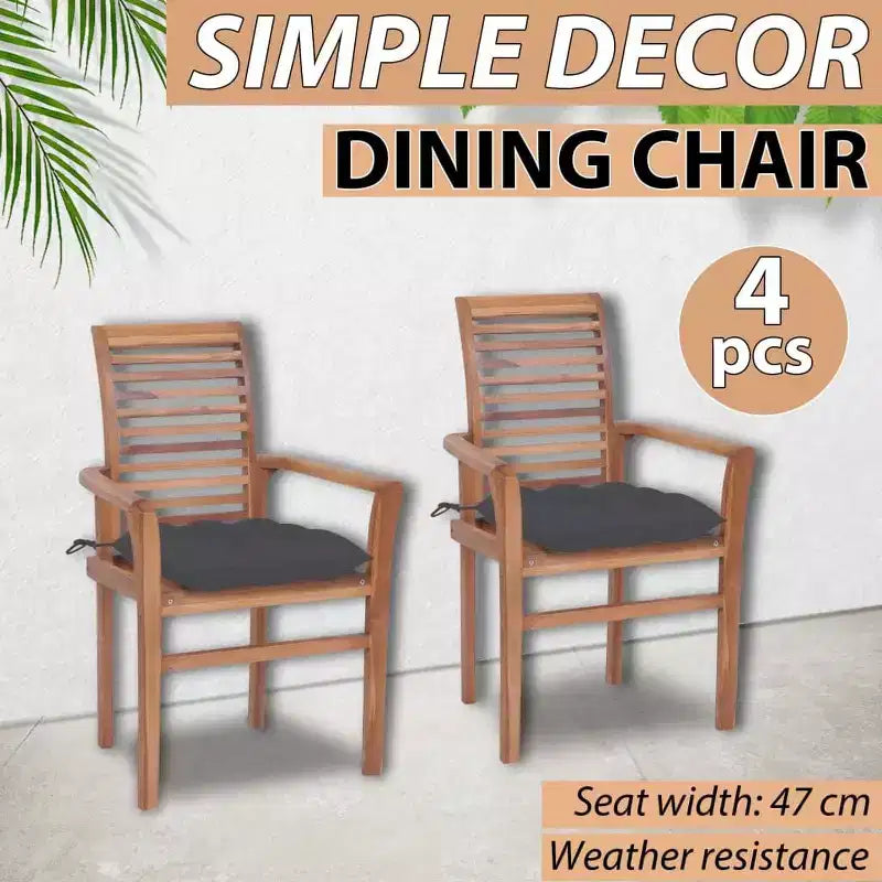 vidaXL Chaises de salle à manger en bois de teck massif - Lot de 4 avec coussins anthracite - Sièges ergonomiques empilables en bois pour intérieur et extérieur