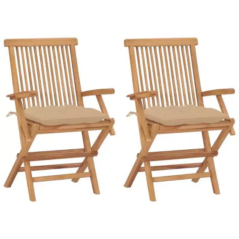 vidaXL Lot de 2 chaises de jardin rembourrées beiges, en teck durable, résistantes aux intempéries, pliables pour un rangement facile, idéales pour jardin, terrasse