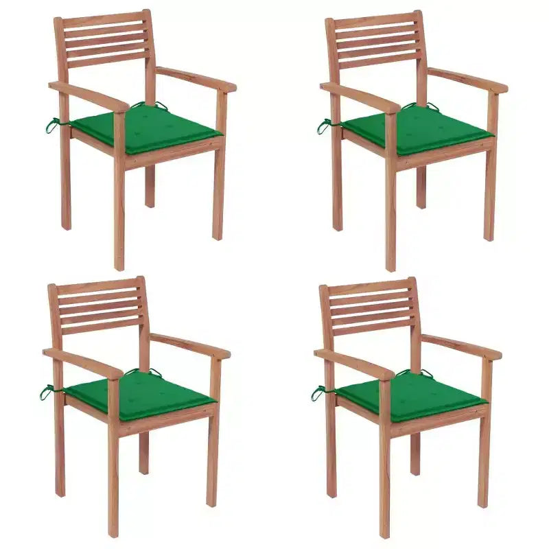 vidaXL Lot de 4 chaises de patio en bois de teck massif avec coussins verts - Meubles d'extérieur polyvalents - Poncé finement et résistant aux intempéries