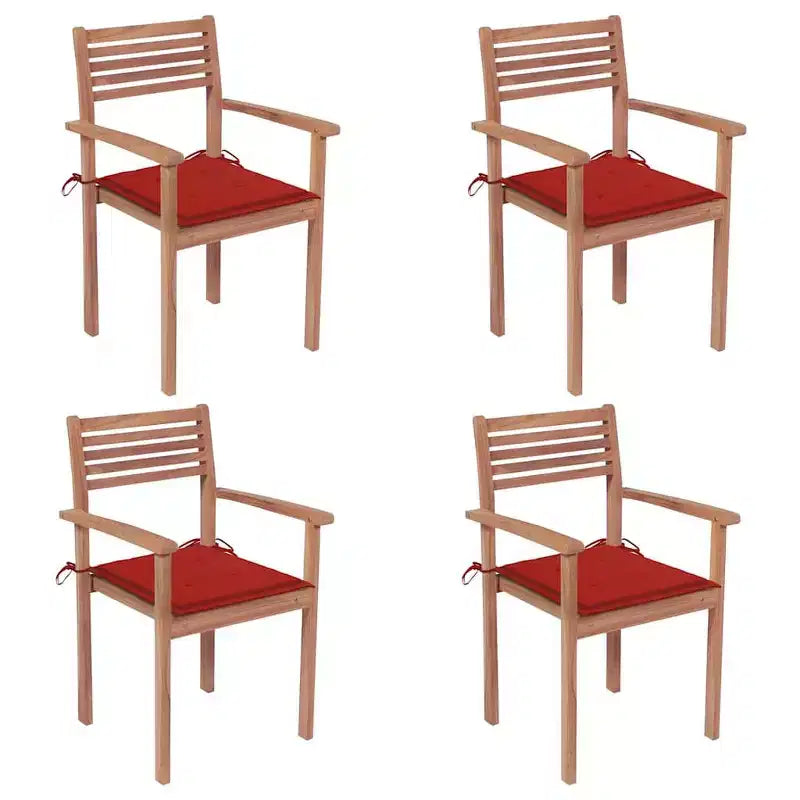 vidaXL Chaises de jardin empilables en teck massif avec coussins rouges, ensemble de mobilier d'extérieur pour jardins et terrasses, lot de 4