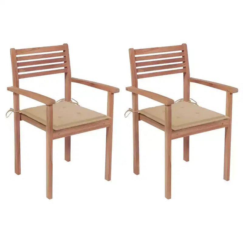 vidaXL Lot de 2 chaises de patio avec coussins beiges - Meubles d'extérieur empilables en bois de teck massif - Idéal pour les maisons, les bureaux, les bars et les cafés