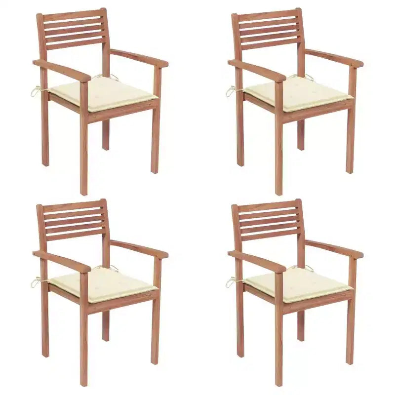 vidaXL Lot de 4 chaises de jardin avec coussins crème, mobilier d'extérieur, construction en teck durable, design empilable, résistant aux intempéries