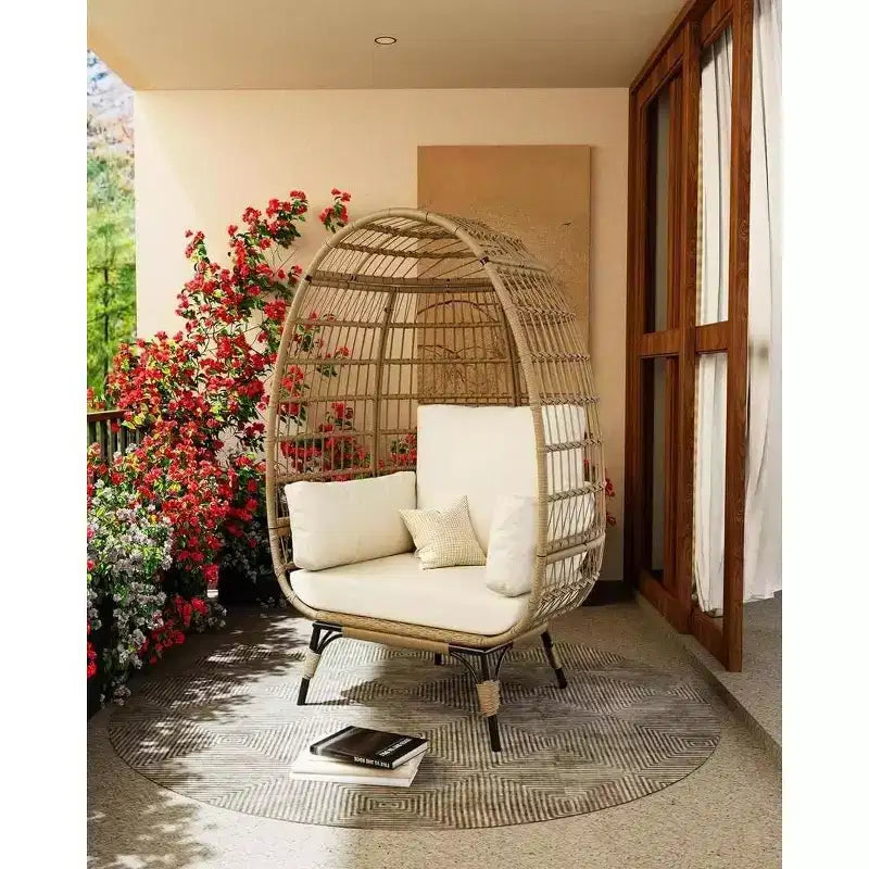 Oversize Rattan Egg Chair Outdoor Wicker Patio Lounge Chairs with Steel Frame Stand and 4 Cushions for Patio, Porch, Backyard, living rooms