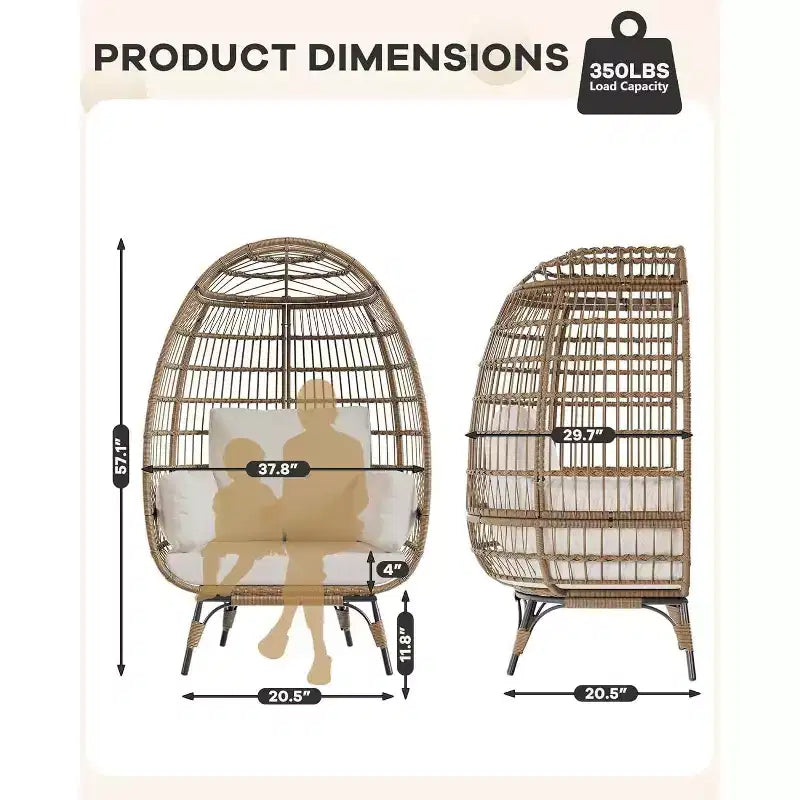 Fauteuil œuf surdimensionné en rotin pour l'extérieur, chaises de salon en osier avec support en acier et 4 coussins pour patio, porche, jardin, salons