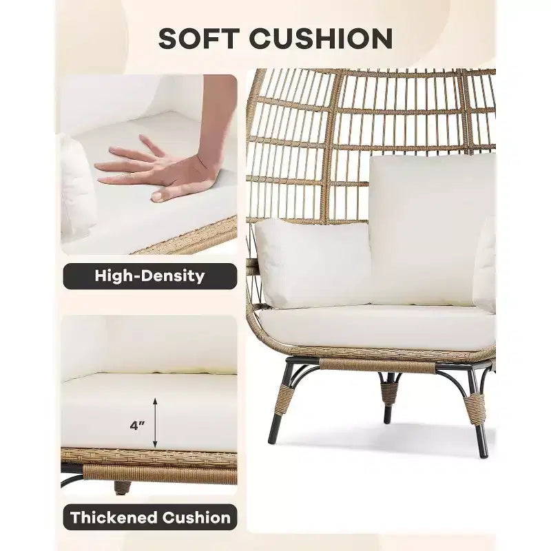 Fauteuil œuf surdimensionné en rotin pour l'extérieur, chaises de salon en osier avec support en acier et 4 coussins pour patio, porche, jardin, salons