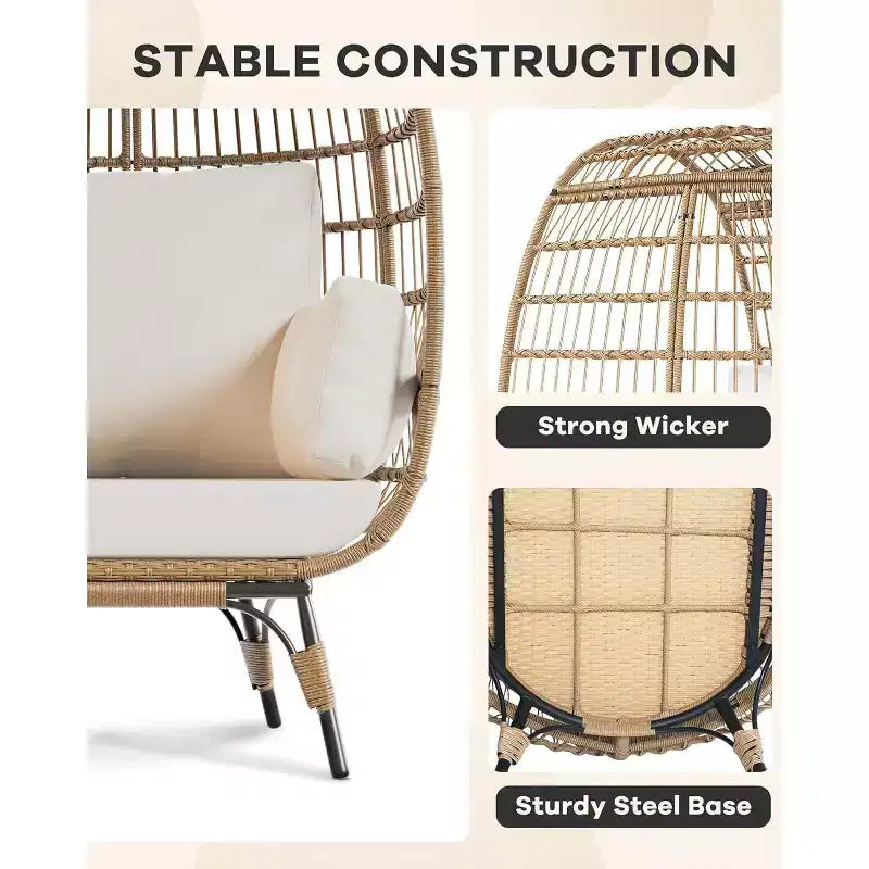 Fauteuil œuf surdimensionné en rotin pour l'extérieur, chaises de salon en osier avec support en acier et 4 coussins pour patio, porche, jardin, salons