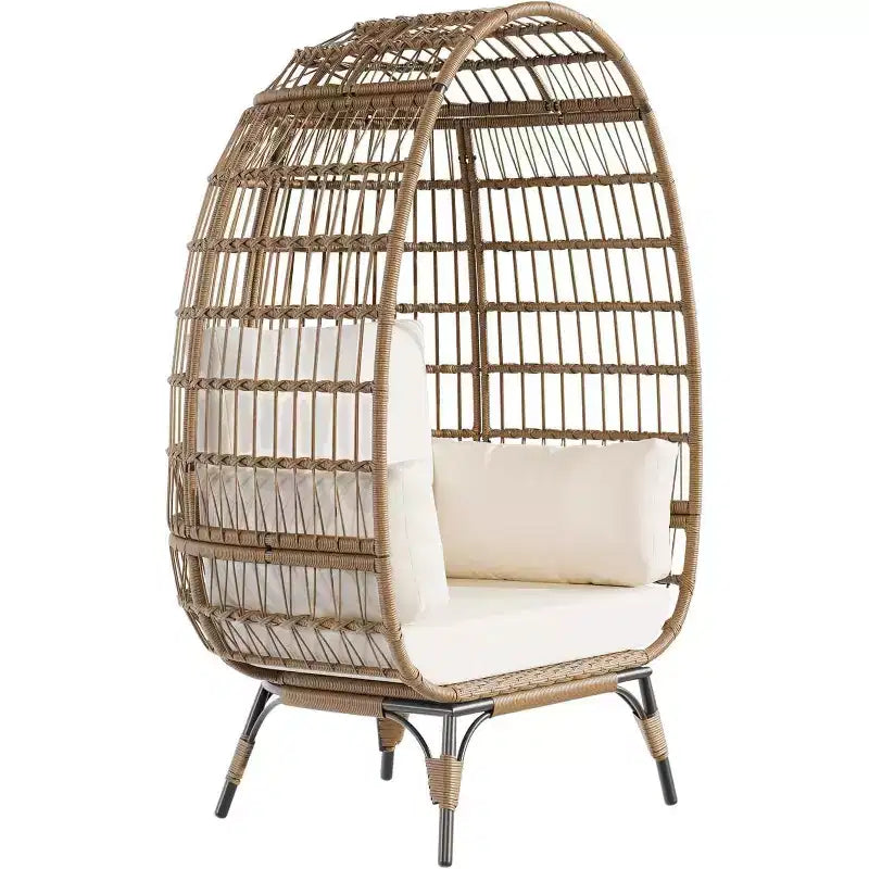Fauteuil œuf surdimensionné en rotin pour l'extérieur, chaises de salon en osier avec support en acier et 4 coussins pour patio, porche, jardin, salons