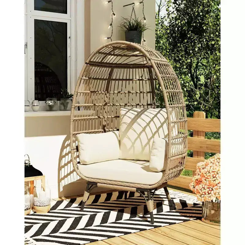 Fauteuil œuf surdimensionné en rotin pour l'extérieur, chaises de salon en osier avec support en acier et 4 coussins pour patio, porche, jardin, salons