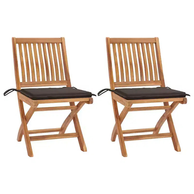 vidaXL Lot de 2 chaises de jardin pliantes en bois d'acacia massif avec coussins taupe – Sièges d'extérieur durables en teck pour jardins, patios, terrasses et cafés