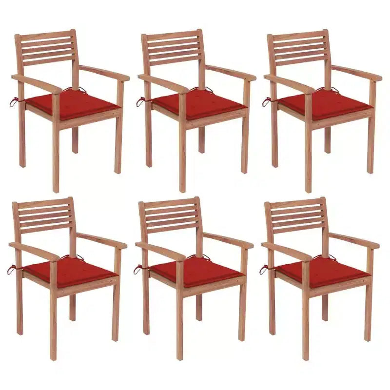 vidaXL Chaises de jardin empilables en teck massif avec coussins - Lot de 6, Montage facile, Assise extérieure confortable, Résistantes aux intempéries et durables