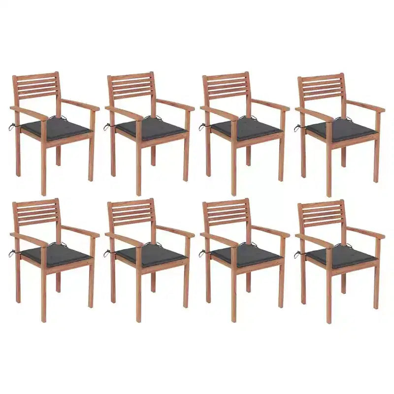 vidaXL Chaises de jardin empilables avec coussins - 8 pièces, bois de teck massif, adaptées pour la maison, le bureau, le bar, le café, l'extérieur, rangement facile, anthracite