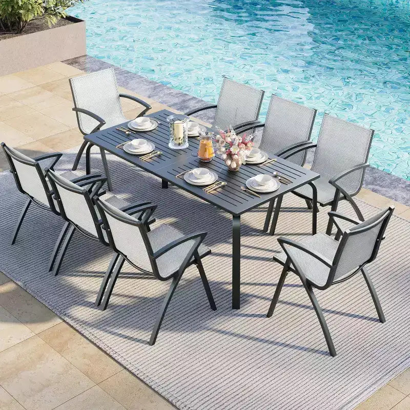 Chaises de salle à manger d'extérieur en aluminium avec maille textilène à séchage rapide, soutien ergonomique pour terrasse, bord de piscine
