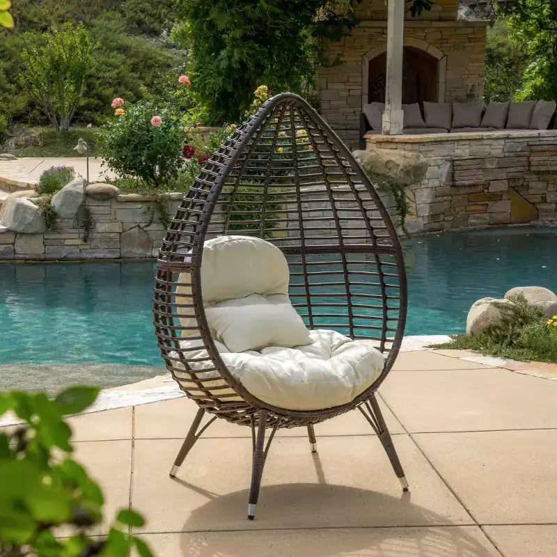 GDFStudio Jeffrey Teardrop Wicker and Iron Lounge Chair with Water-Resistant Cushion