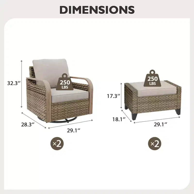 EAGLE PEAK Fauteuil planeur d'extérieur en osier, fauteuil à bascule pivotant, 2 chaises 2 poufs, 4 pièces