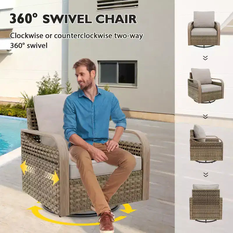EAGLE PEAK Fauteuil planeur d'extérieur en osier, fauteuil à bascule pivotant, 2 chaises 2 poufs, 4 pièces
