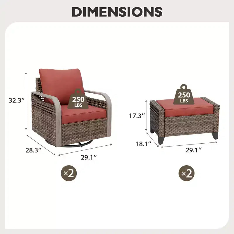 EAGLE PEAK Fauteuil planeur d'extérieur en osier, fauteuil à bascule pivotant, 2 chaises 2 poufs, 4 pièces