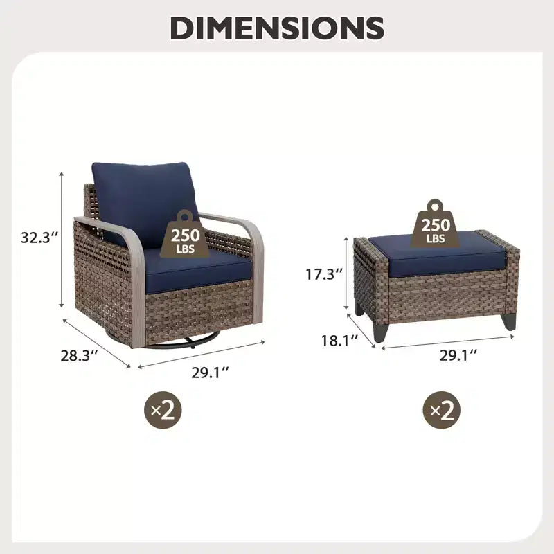 EAGLE PEAK Fauteuil planeur d'extérieur en osier, fauteuil à bascule pivotant, 2 chaises 2 poufs, 4 pièces