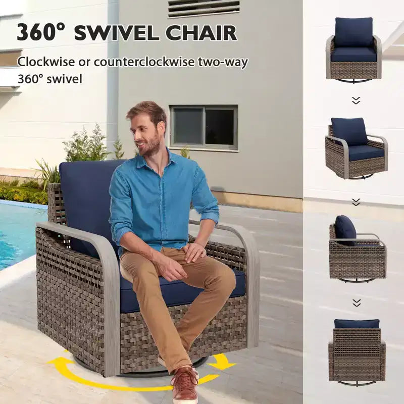 EAGLE PEAK Fauteuil planeur d'extérieur en osier, fauteuil à bascule pivotant, 2 chaises 2 poufs, 4 pièces