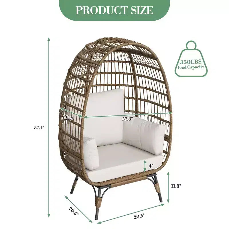 Fauteuil œuf surdimensionné GustoWave en osier avec coussins, chaise longue en rotin avec structure en acier pour patio, véranda ou intérieur
