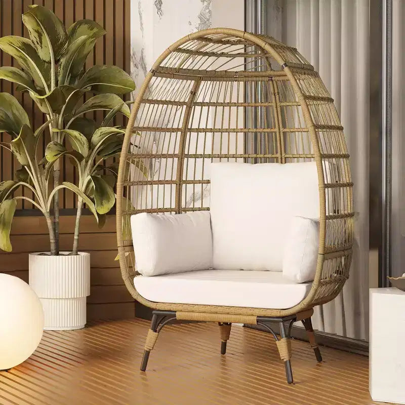 Fauteuil œuf surdimensionné GustoWave en osier avec coussins, chaise longue en rotin avec structure en acier pour patio, véranda ou intérieur