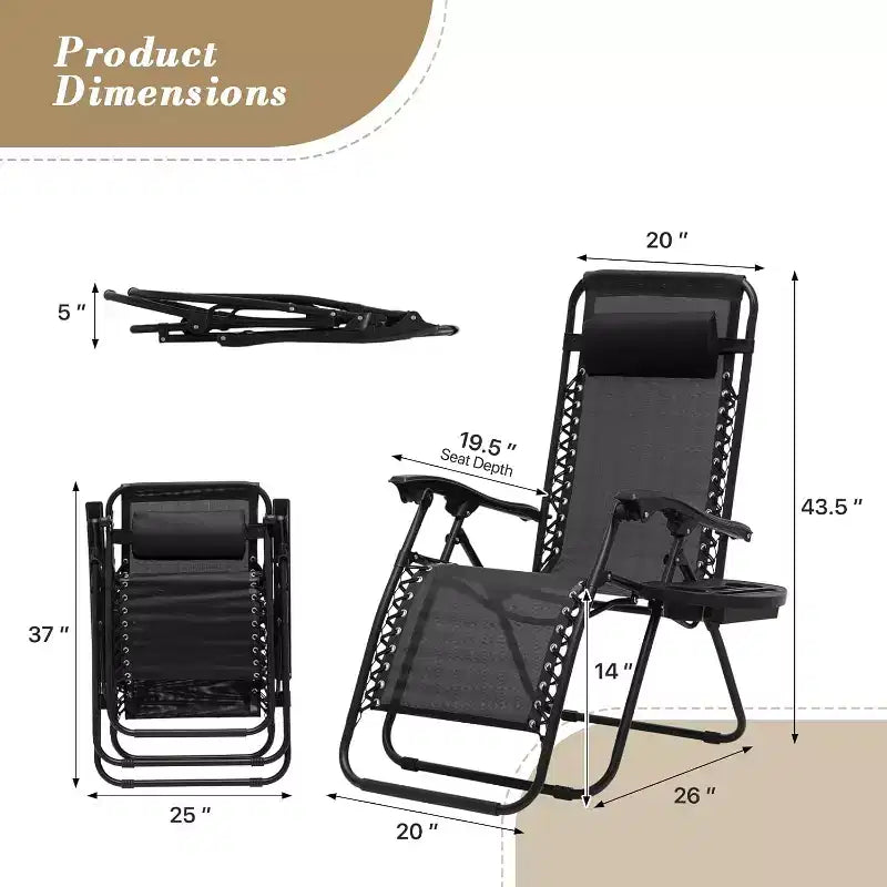 Lot de 2 fauteuils inclinables « zéro gravité » Summit Adventure – Larges de 63,5 cm avec porte-gobelets pour piscine/terrasse (noir)