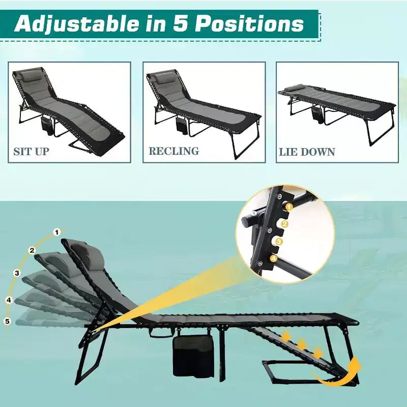 Chaise longue pliante ajustable 5 positions Summit Adventure avec oreiller, supporte jusqu'à 120 kg, extérieur/terrasse/plage