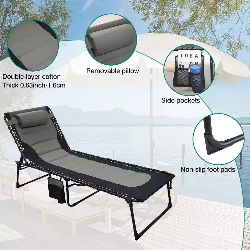 Chaise longue pliante ajustable 5 positions Summit Adventure avec oreiller, supporte jusqu'à 120 kg, extérieur/terrasse/plage