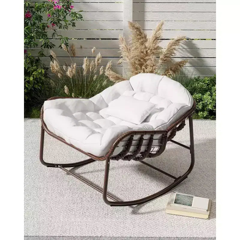 Fauteuil à bascule en osier surdimensionné Acekool – Siège moelleux de style Papasan pour usage intérieur et extérieur