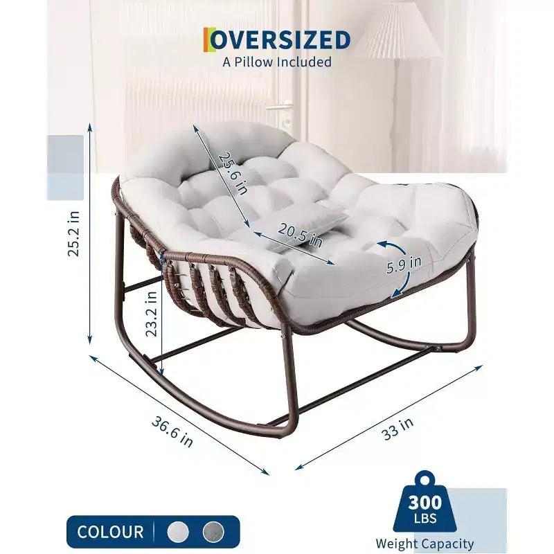 Fauteuil à bascule en osier surdimensionné Acekool – Siège moelleux de style Papasan pour usage intérieur et extérieur
