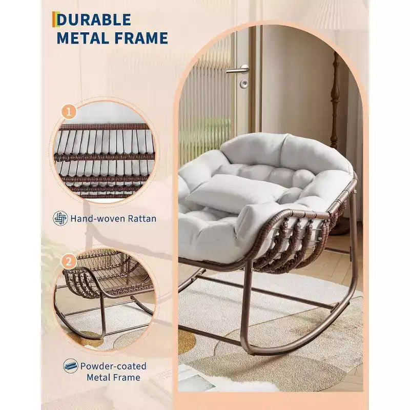 Fauteuil à bascule en osier surdimensionné Acekool – Siège moelleux de style Papasan pour usage intérieur et extérieur