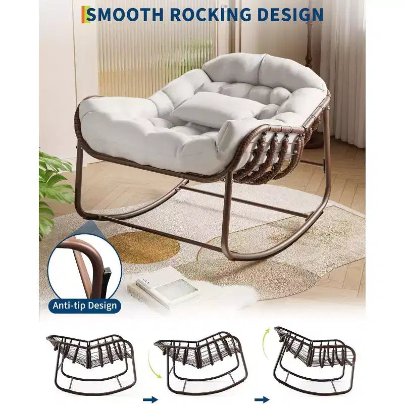 Fauteuil à bascule en osier surdimensionné Acekool – Siège moelleux de style Papasan pour usage intérieur et extérieur