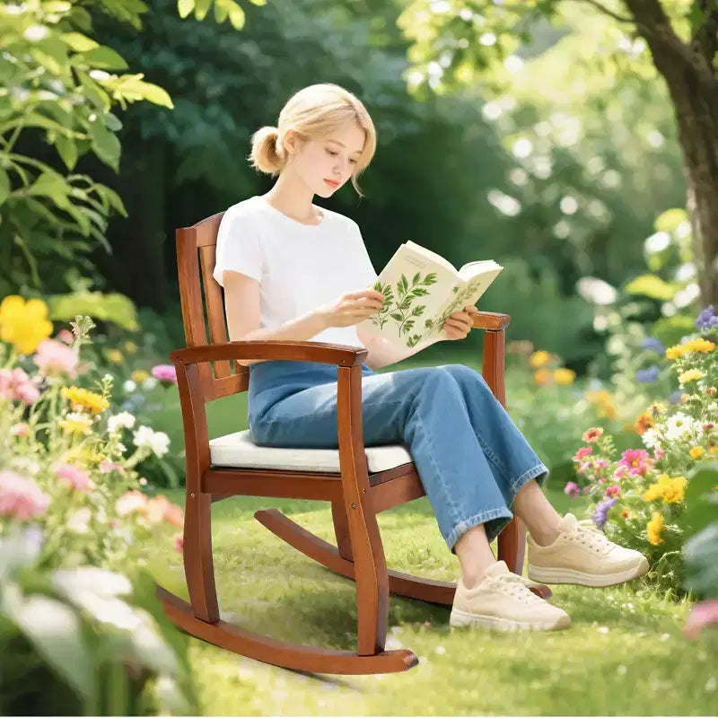 Karl Home | Fauteuil à bascule d'extérieur 91 cm en bois massif avec coussin