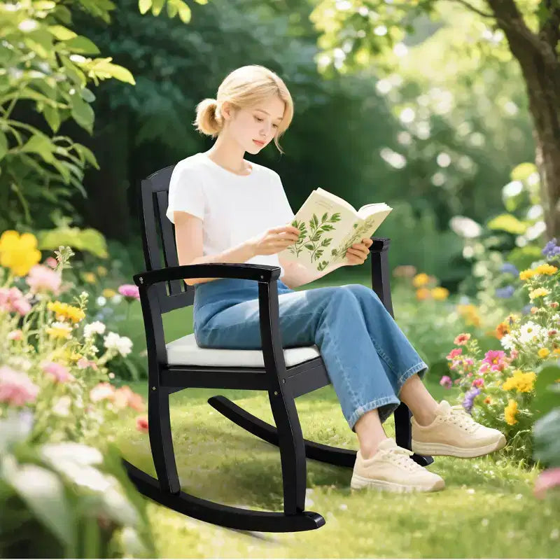 Karl Home | Fauteuil à bascule d'extérieur 91 cm en bois massif avec coussin