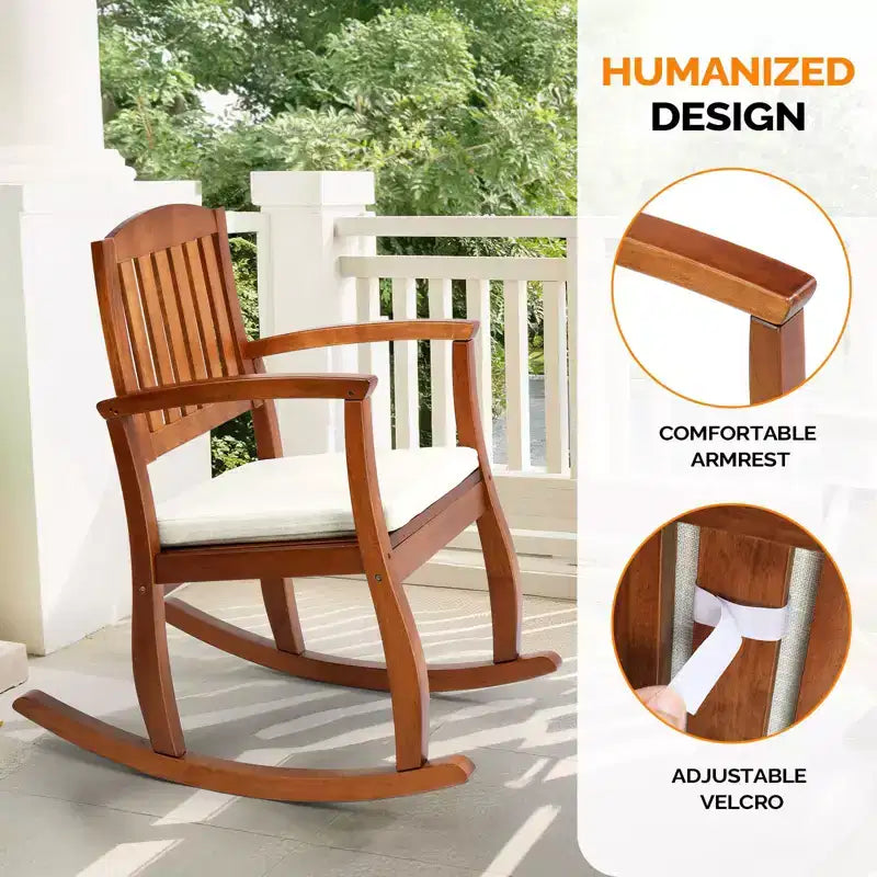 Karl Home | Fauteuil à bascule d'extérieur 91 cm en bois massif avec coussin