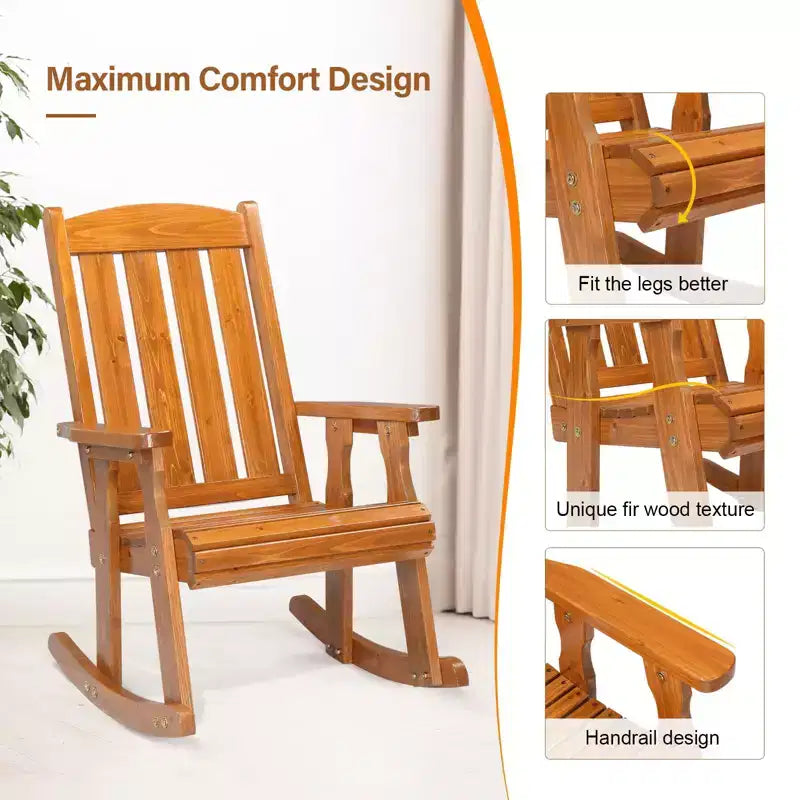 Karl Home | Fauteuil à bascule extérieur en bois massif à lattes de 71 cm avec coussin